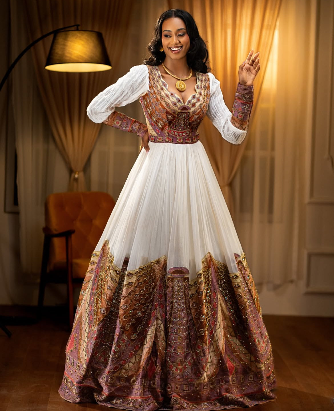 Elegant White Ethiopian Dress with Red & Gold Embroidery
