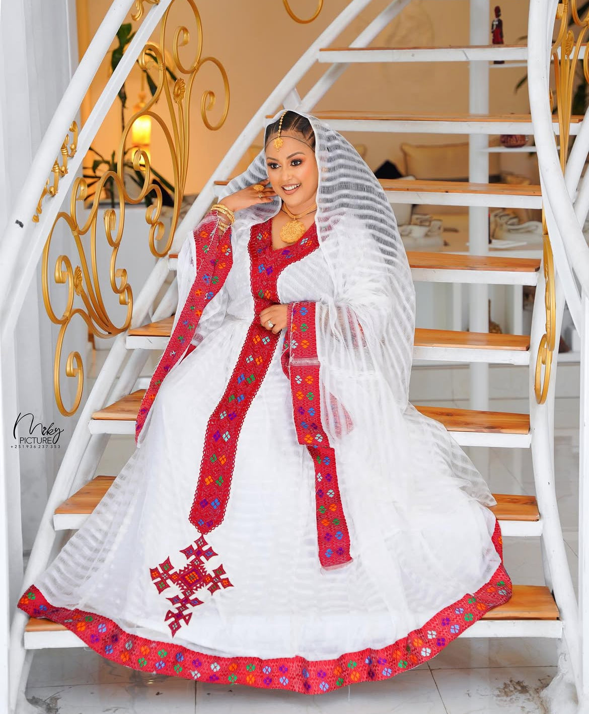 Elegant Habesha Dress - Red Embroidery - Handwoven Kemis