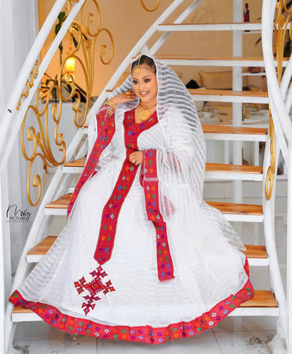 Elegant Habesha Dress - Red Embroidery - Handwoven Kemis