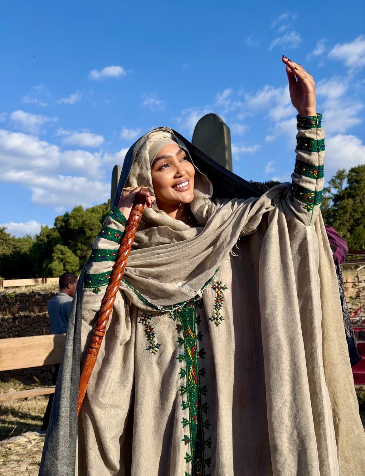 Classic Habesha Kemis in Light Gray with Green Tilet – Vintage-Inspired Design