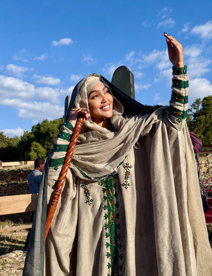 Classic Habesha Kemis in Light Gray with Green Tilet – Vintage-Inspired Design