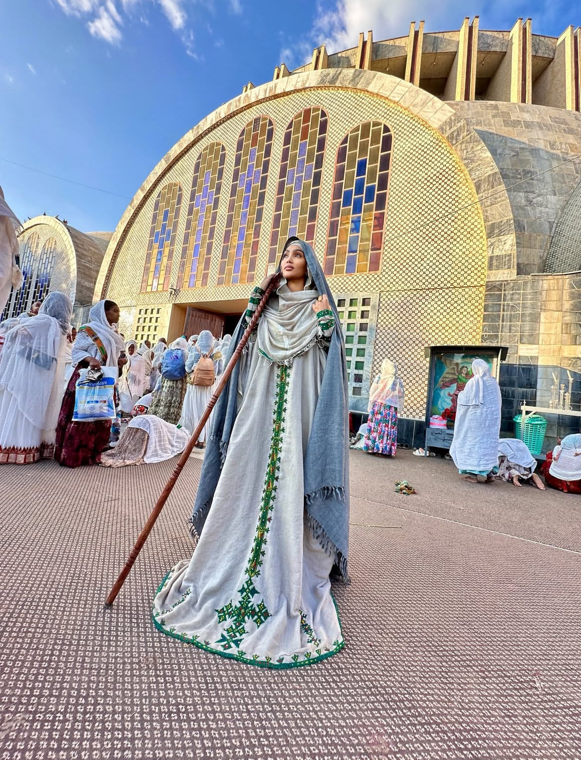 Classic Habesha Kemis in Light Gray with Green Tilet – Vintage-Inspired Design