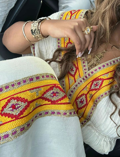 Elegant Ethiopian Habesha Dress – Traditional Habesha Kemis with Pink Tibeb Embroidery My Store