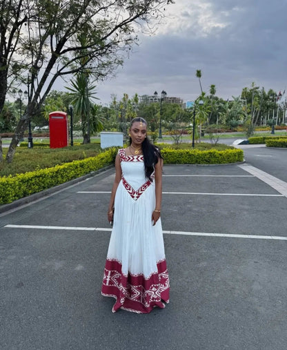 Simple yet Elegant Habesha Dress with Red Tibeb – Handwoven Ethiopian Traditional Dress for Women Bezawit