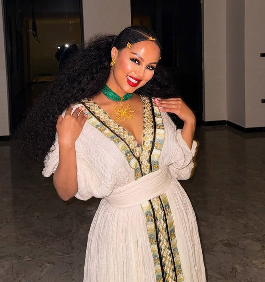 Elegant Habesha Dress - Gold & White Dress with Hand-Stitched tibeb