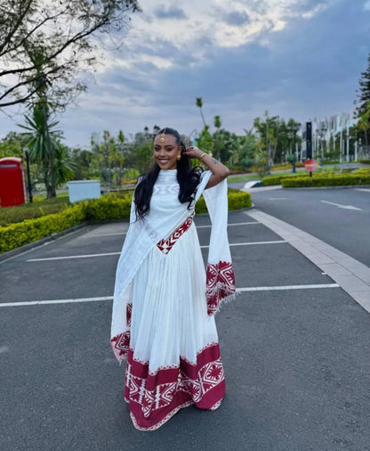 Simple yet Elegant Habesha Dress with Red Tibeb – Handwoven Ethiopian Traditional Dress for Women Bezawit