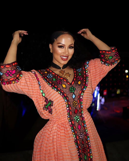 Beautiful Traditional Ethiopian Dress | Red embroidered Crystalline Fetil Habesha Dress