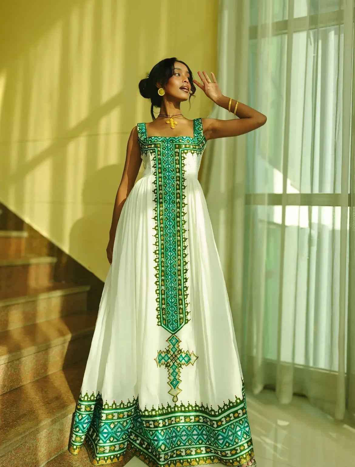 Elegant Green & White Habesha Dress - Traditional Ethiopian Attire for Festive Gatherings yaab.habesha