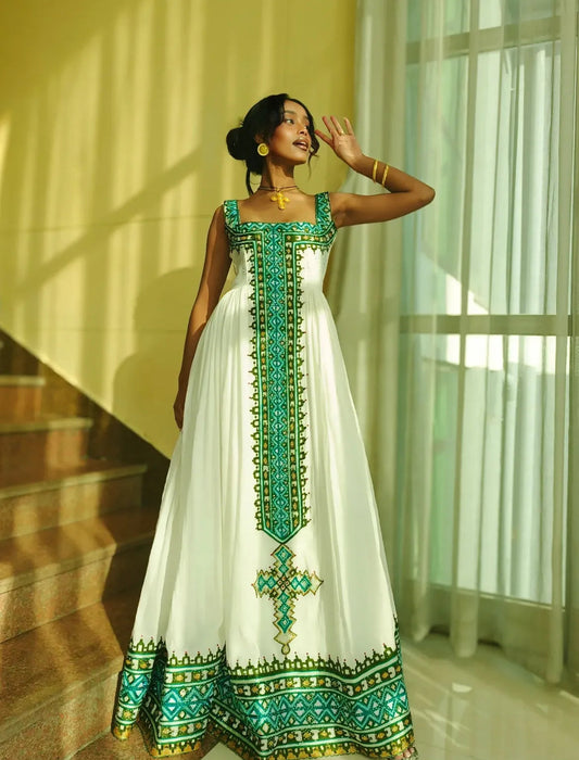 Elegant Green & White Habesha Dress - Traditional Ethiopian Attire for Festive Gatherings yaab.habesha