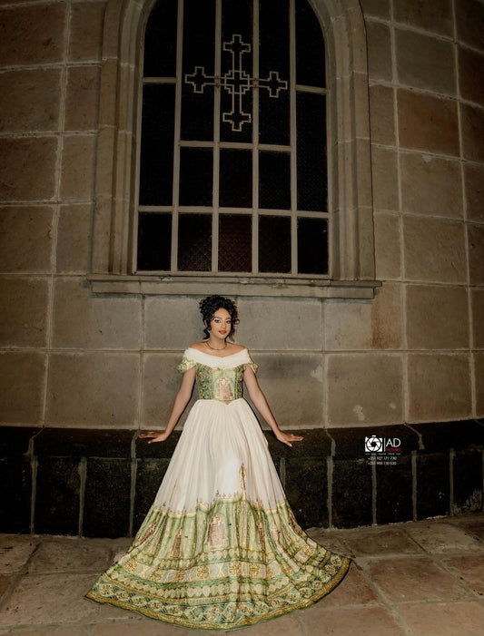 Elegant Habesha wedding dress- White Menen fabric with Green Hand-Woven Border Patterns