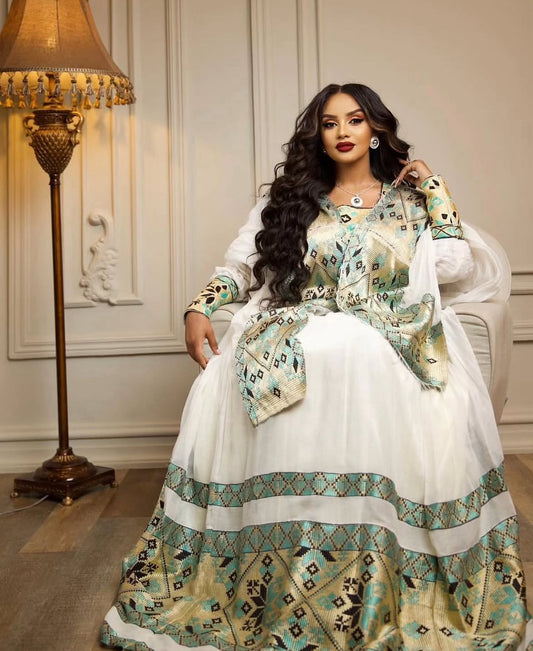 Elegant Ethiopian Dress – Handwoven Habesha Kemis with Gondar Tilf Embroidery