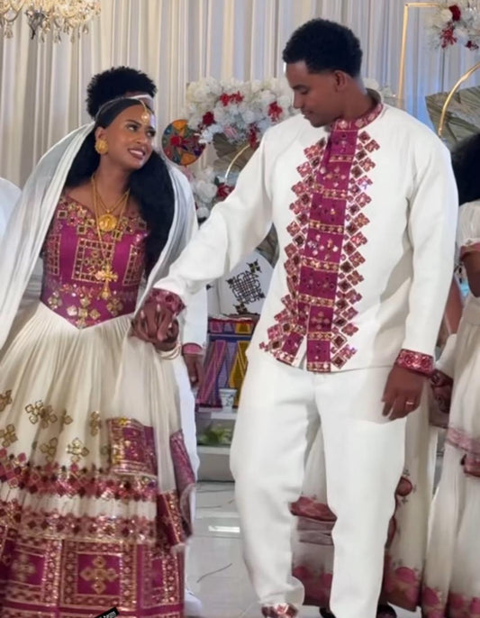 Custom made Elegant White Ethiopian Wedding Dress with Red Embroidery