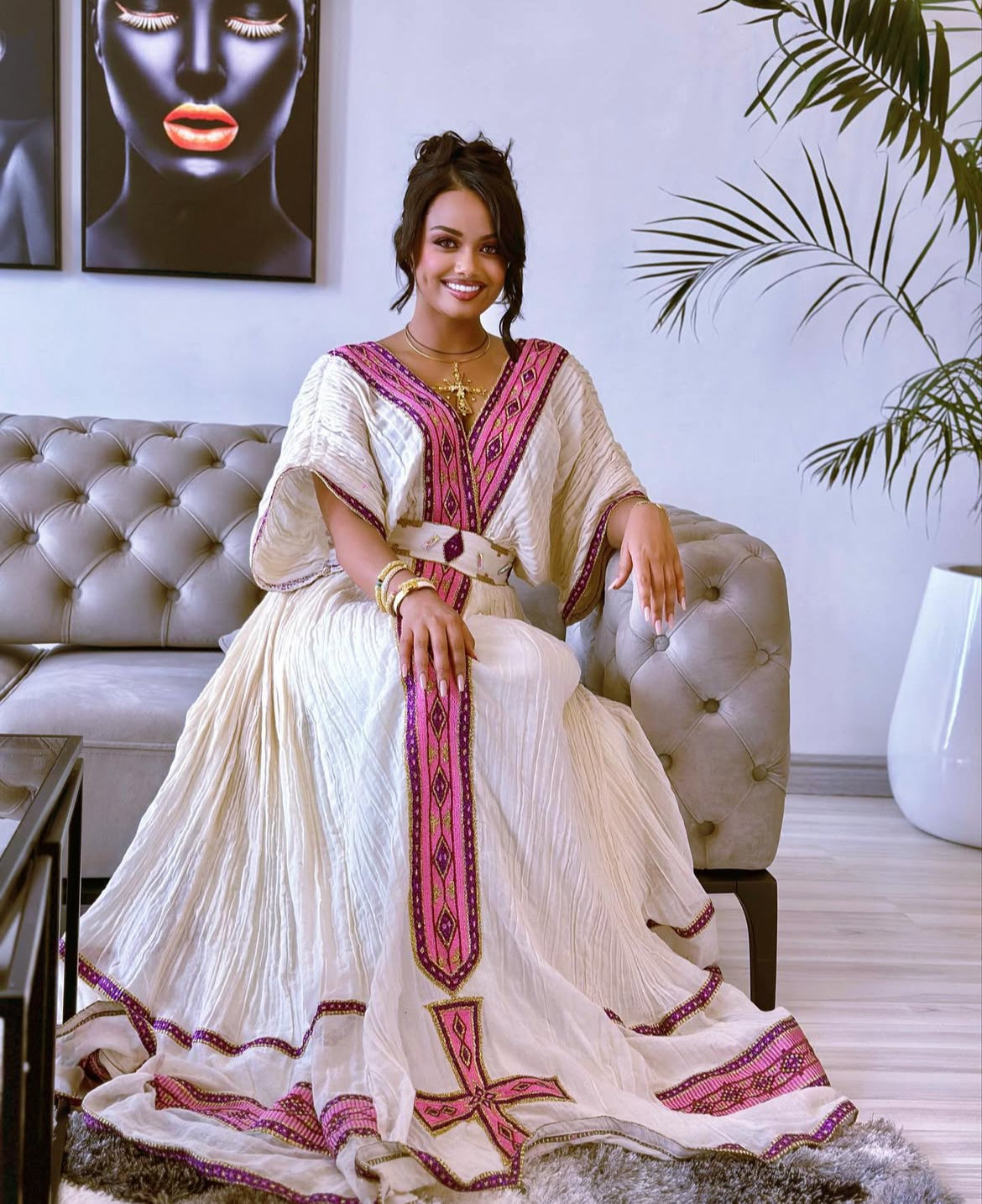 Elegant Ethiopian Habesha Dress – Traditional Habesha Kemis with Pink Tibeb Embroidery My Store