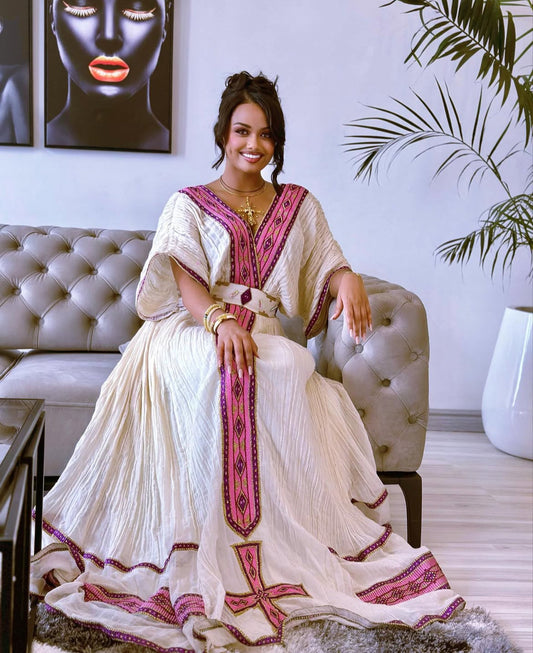 Elegant Ethiopian Habesha Dress – Traditional Habesha Kemis with Pink Tibeb Embroidery My Store