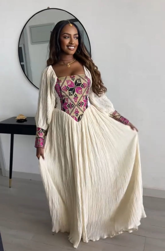 Beautiful Red corset-style bodice Ethiopian Dress - Colorful Pattern Habesha Zuria Bezawit