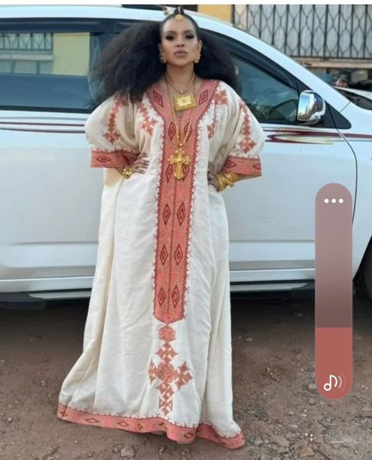 Custom Elegant Pregnancy Habesha Dress – Traditional Habesha Kemis with Pink Tibeb Embroidery + Matching Mens shirt and baby boy shirt | Free Shipping