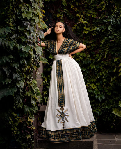Modern Habesha Dress - Ethiopian Kemis - Green Tibeb Embroidery