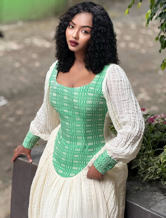 Simply Beautiful Green & White Corset style Habesha Dress