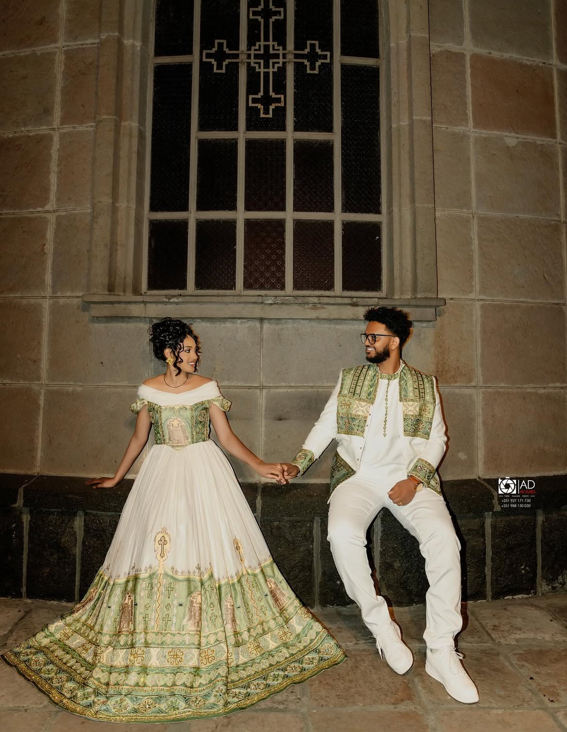 Elegant Habesha wedding dress- White Menen fabric with Green Hand-Woven Border Patterns