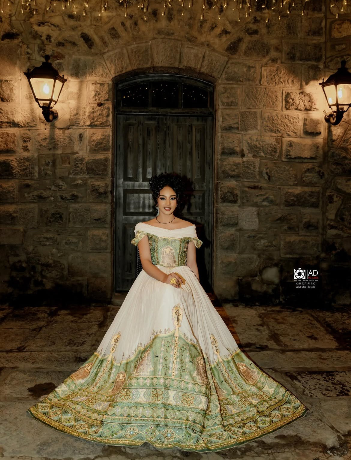 Elegant Habesha wedding dress- White Menen fabric with Green Hand-Woven Border Patterns