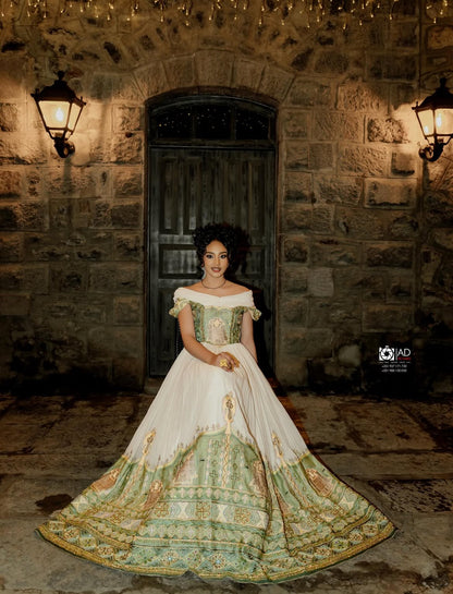 Elegant Habesha wedding dress- White Menen fabric with Green Hand-Woven Border Patterns
