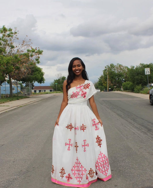 Simple & Elegant Ethiopian Habesha Dress with pink tilet– Traditional Habesha Kemis with Pink Tibeb Embroidery My Store