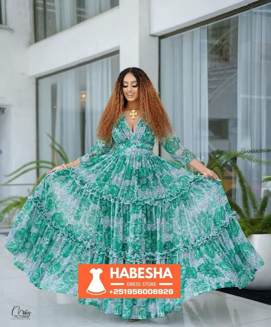 Flowing Green Habesha Chiffon Dress | Traditional Ethiopian ሽፎን for Weddings & Events