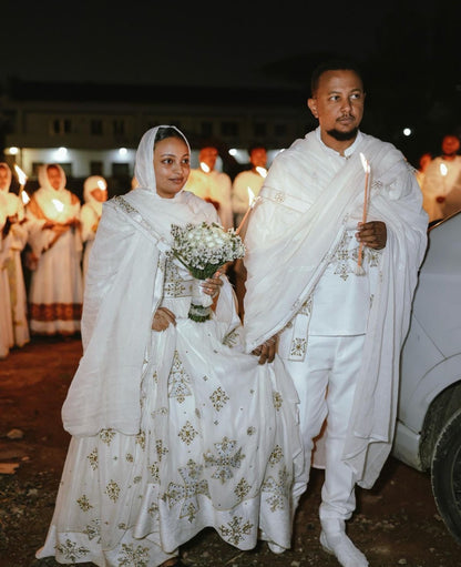 Pure White Habesha Couple Set – Elegant Ethiopian Traditional Outfit for Christening, Qurban & Kurban Celebrations