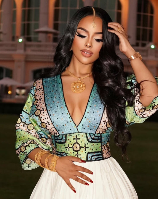 Elegant Green Habesha Wedding Dress – Traditional Ethiopian Kemis with Refined Tibeb