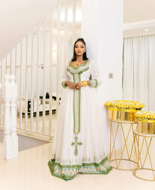 Fabulous & Elegant Habesha Dress – Traditional Ethiopian Kemis with Green Tibeb Embroidery