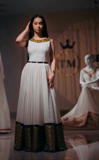 Modern Habesha Dress - Ethiopian Kemis - Green Tibeb Embroidery