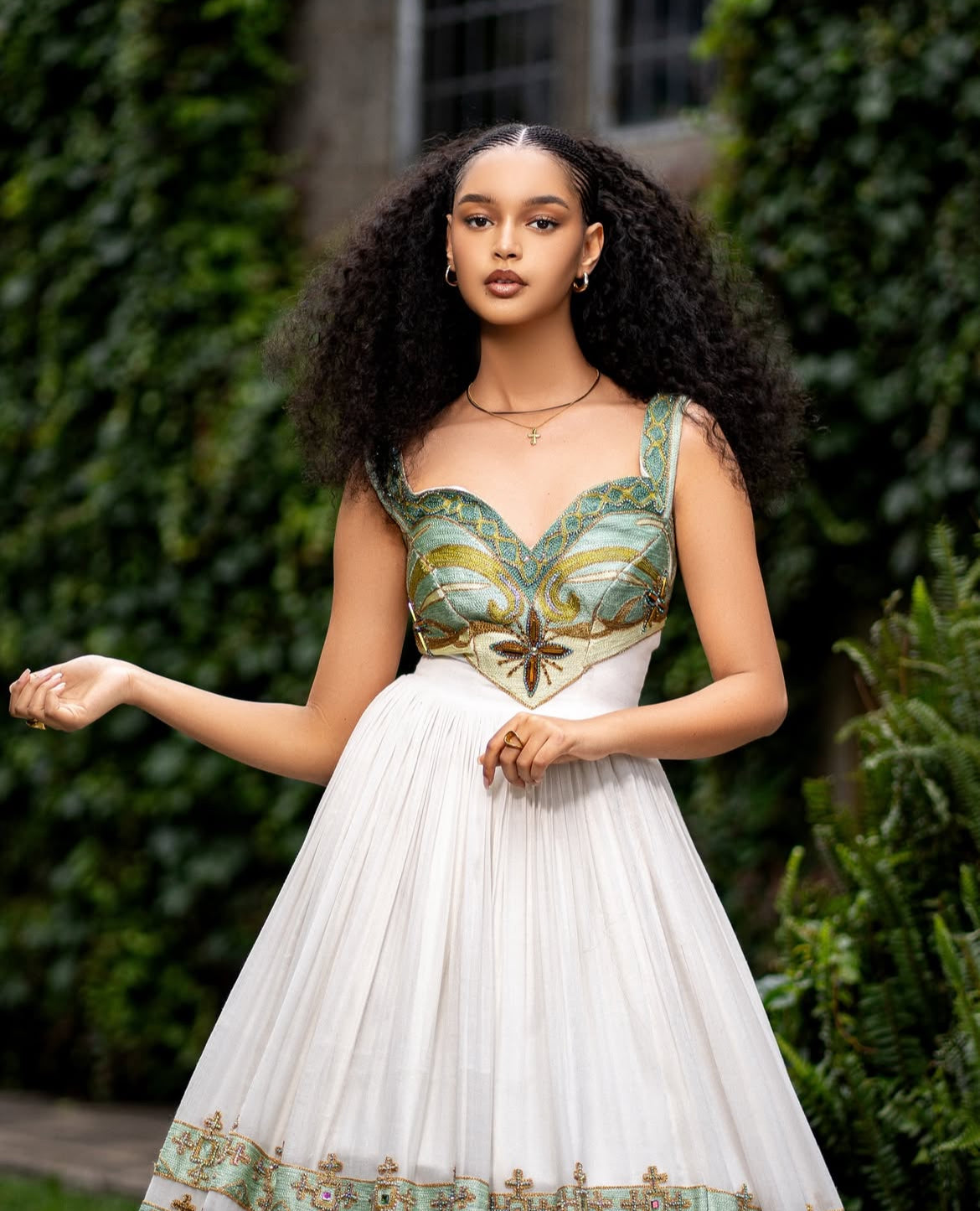 Modern Habesha Dress - Ethiopian Kemis - Green Tibeb Embroidery