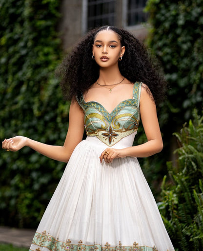 Modern Habesha Dress - Ethiopian Kemis - Green Tibeb Embroidery