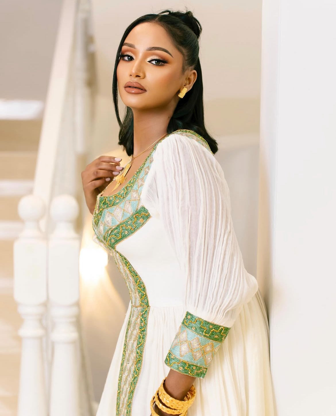 Fabulous & Elegant Habesha Dress – Traditional Ethiopian Kemis with Green Tibeb Embroidery Habesha Dresses Store