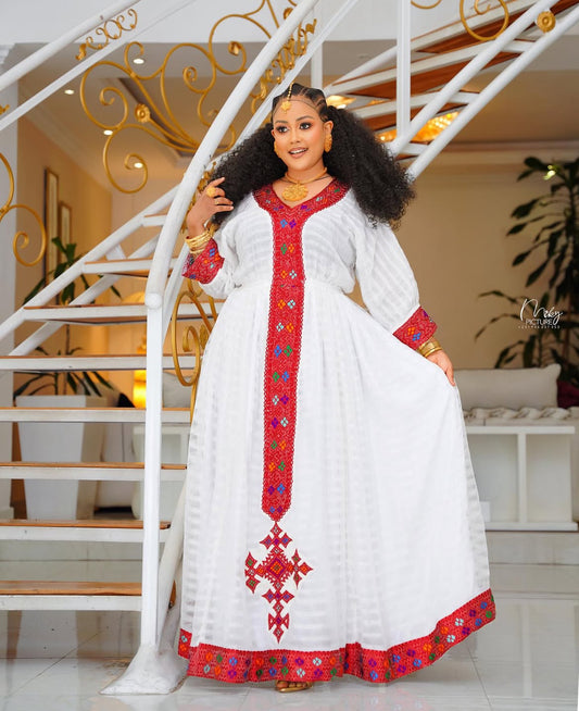 Elegant Habesha Dress - Red Embroidery - Handwoven Kemis