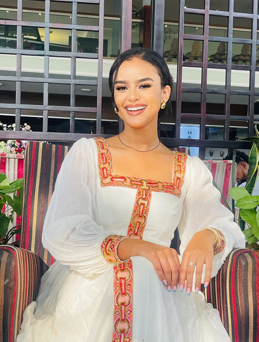 Simple Red & White Habesha Dress - Ethiopian Dress with Striking Cross Design yaab.habesha