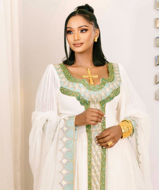 Fabulous & Elegant Habesha Dress – Traditional Ethiopian Kemis with Green Tibeb Embroidery