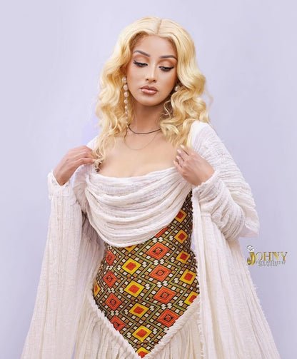 Habesha Dress - Ethiopian Kemis - Green Tibeb Embroidery