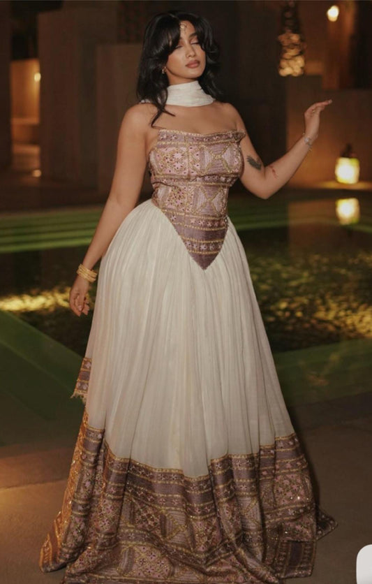 Custom corset Rose Gold and White Modern Habesha Dress with Flowing Drape