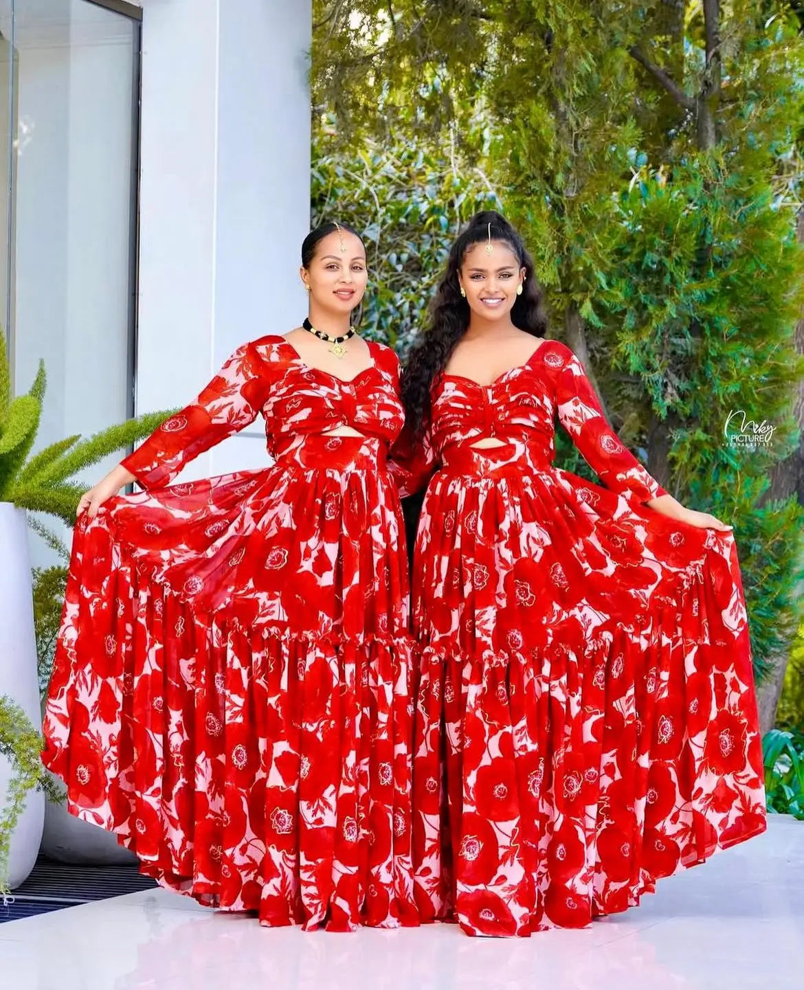 Flowing Red Habesha Chiffon Dress
