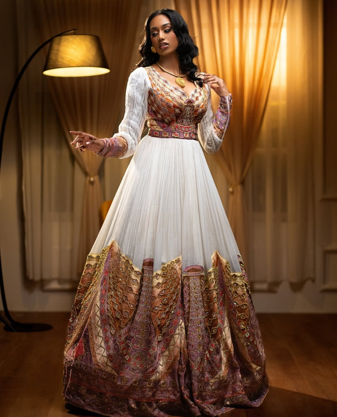 Elegant White Ethiopian Dress with Red & Gold Embroidery - Modern Habesha Zuria yaab.habesha