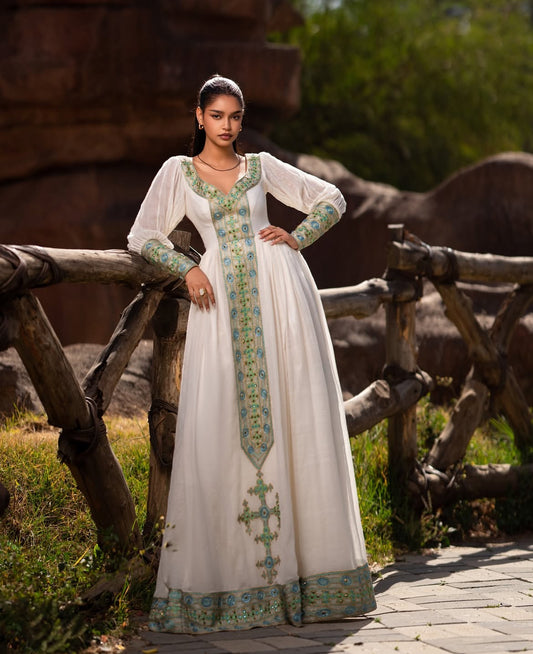 Beautiful Habesha Dress - Ethiopian Kemis - Green Tibeb Embroidery