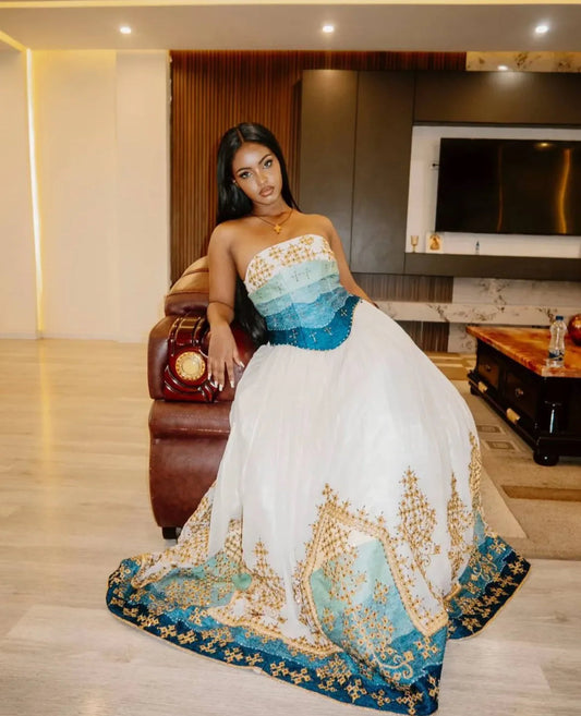 Beautiful White & Blue Habesha Dress - Captivating Modern Ethiopian Attire for Women yaab.habesha