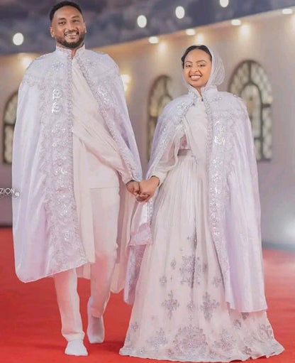 Pure White Habesha Couple Set – Elegant Ethiopian Traditional Outfit for Christening, Qurban & Kurban Celebrations
