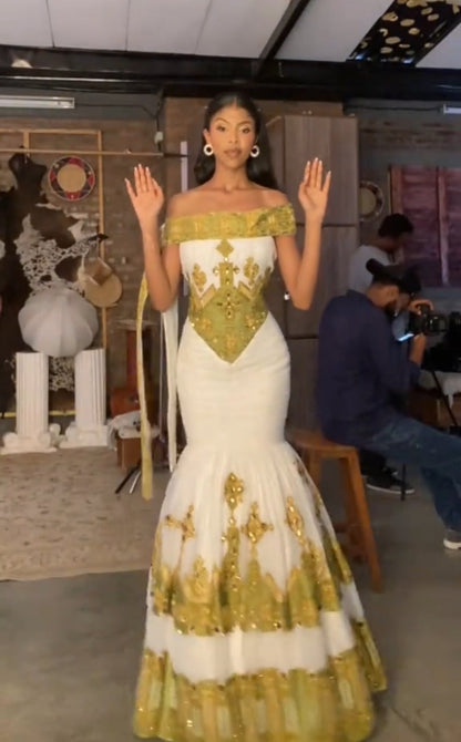 Vibrant White & Golden Geometric Modern Ethiopian Dress Brown / M
