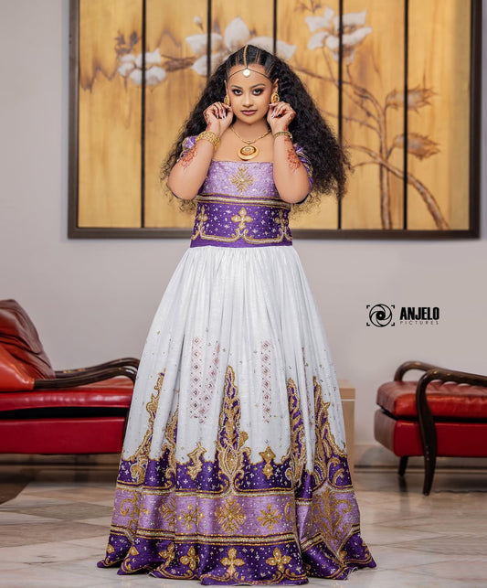 Modern Wedding Dress - Ethiopian Wedding Gown | Zuria with Purple Design