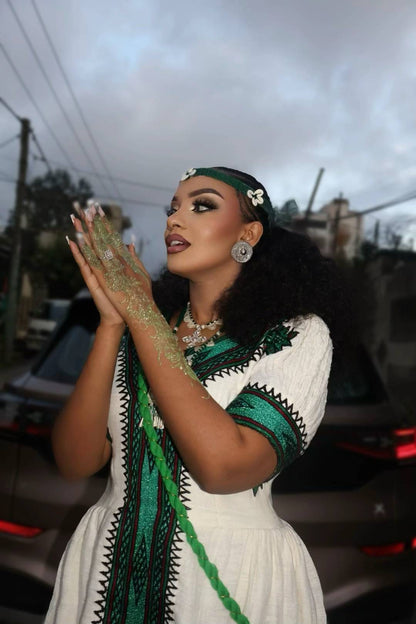 Beautiful Traditional Ethiopian Dress | Green embroidered Fetil Habesha Dress yaab.habesha