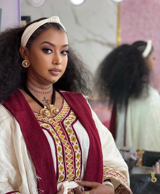 Elegant Ethiopian Dress - Habesha Kemis - Gondar Tilf Embroidery