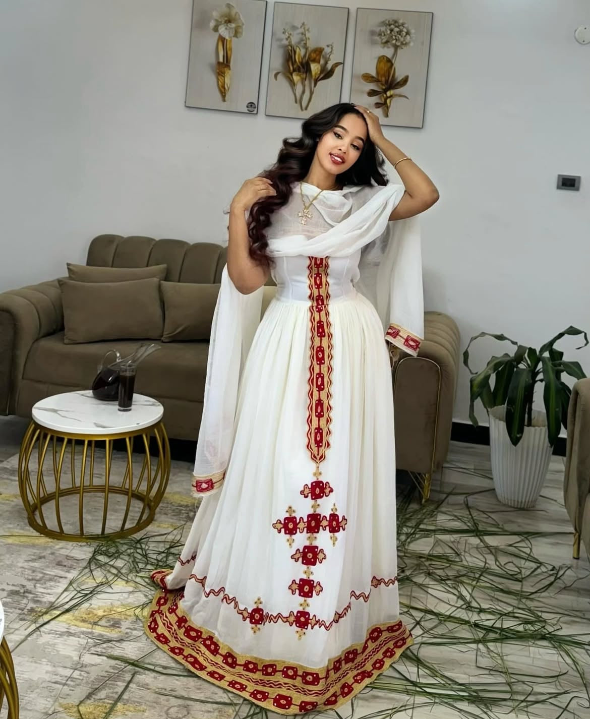 White Habesha Dress with Red Embroidery – Traditional Ethiopian Dress with Tilet Detailing