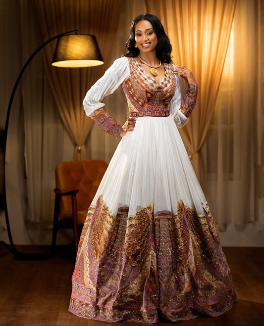 Elegant White Ethiopian Dress with Red & Gold Embroidery - Modern Habesha Zuria yaab.habesha
